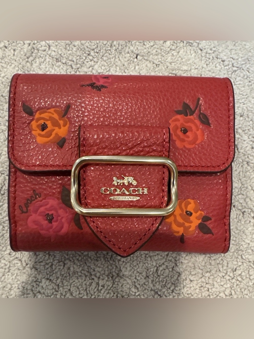 NWT Coach CE669 Small Morgan Wallet With Peony Print Floral Apple Red Msrp $228